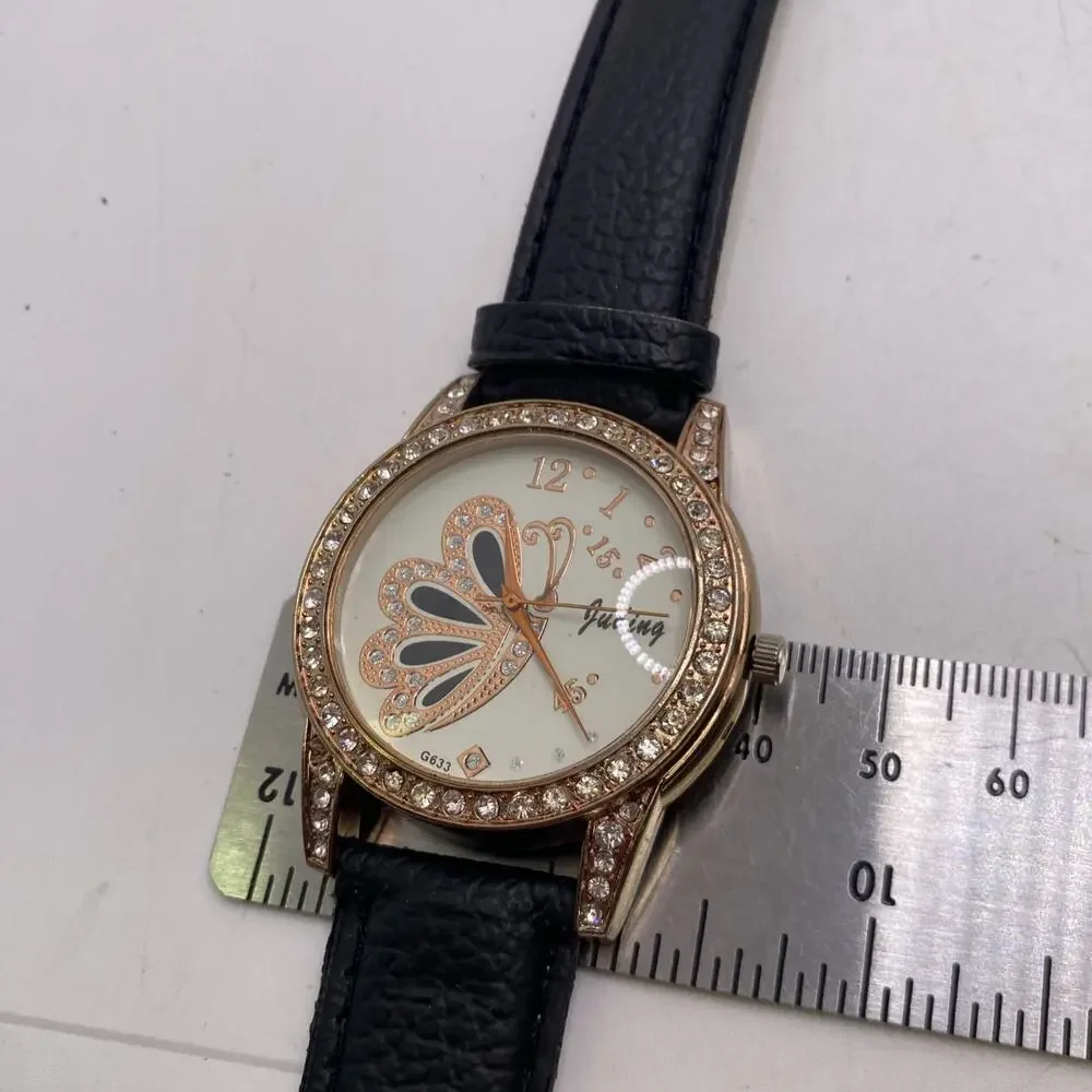 Womens Rose Gold Black Band Watch New Battery